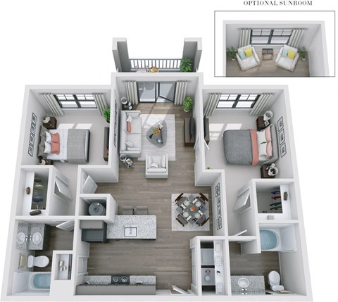 Floor plan for 2 beds, 2 baths, 1118 sqft